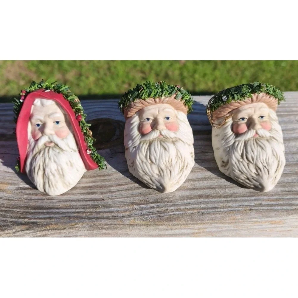 Vintage LOT Santa Claus‎ Head Christmas Ornament Ceramic Hand Painted.